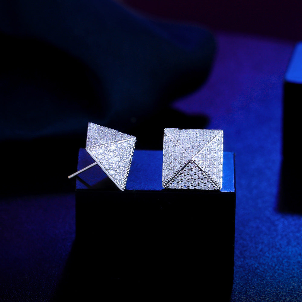 S925 silver needle small-scale design micro-set full-diamond pyramid earrings star-shaped square zirconia ear accessories