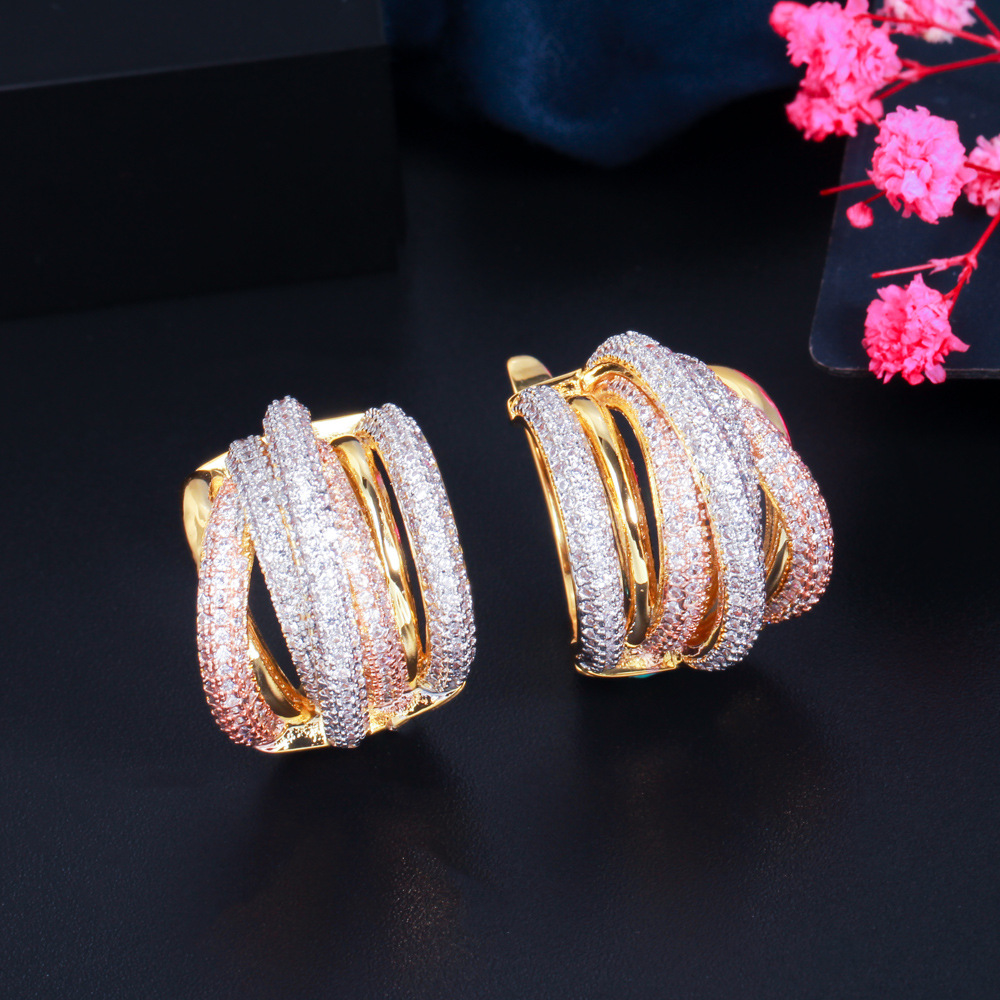 Best-selling earrings - three-color electroplated with tiny-set zirconia - eye-catching earrings with ear clasps