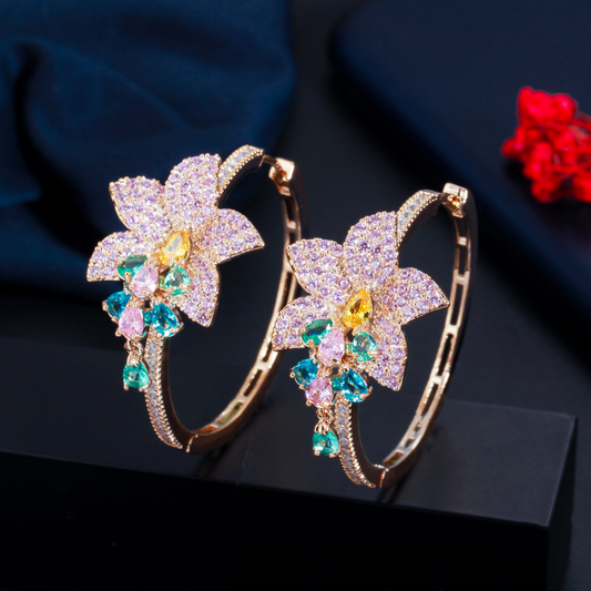 New products from Japan and South Korea - Exaggerated and unique floral-colored zirconia drop earrings fashionable flower-shaped circular style earrings exuding elegant charm