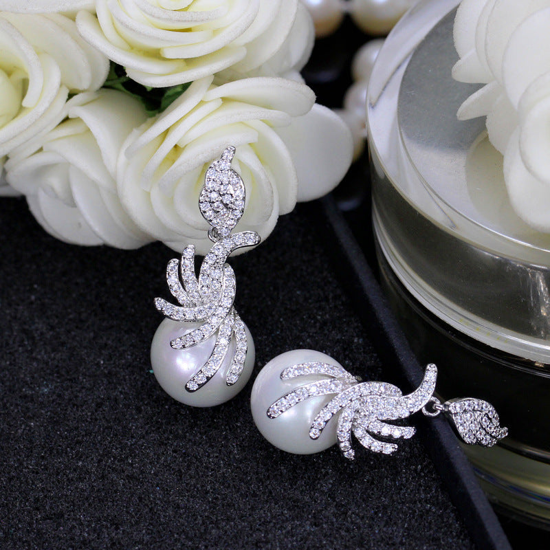 Korean style ear ornaments - pearl and zirconia earrings Simple and fashionable long-style earrings