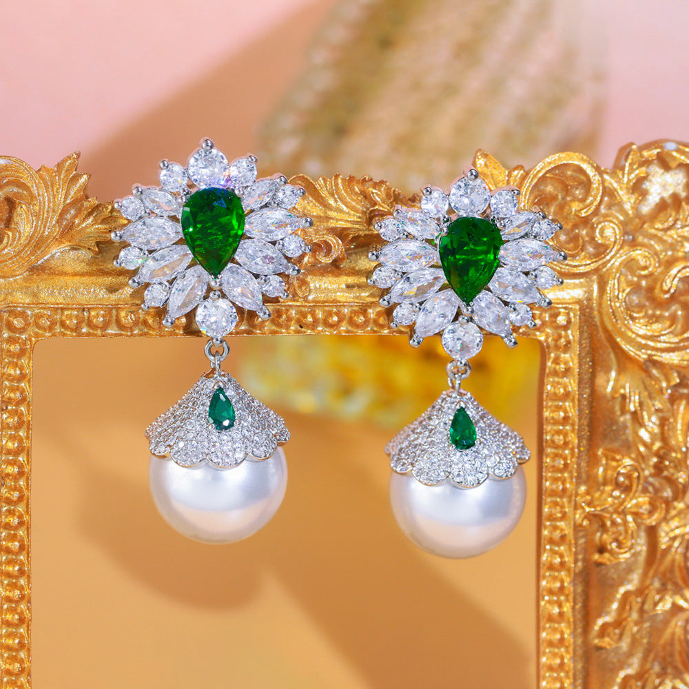 S925 silver filigree light luxury style vintage full-diamond flower pearl earrings dazzling emerald zircon ear accessories