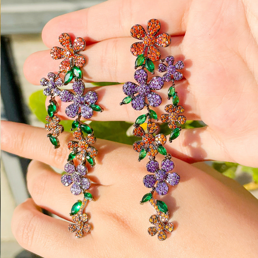 S925 silver needle high-end lady-style flower petal long-style earrings with heavy-weight colored tassels as ear jewelry