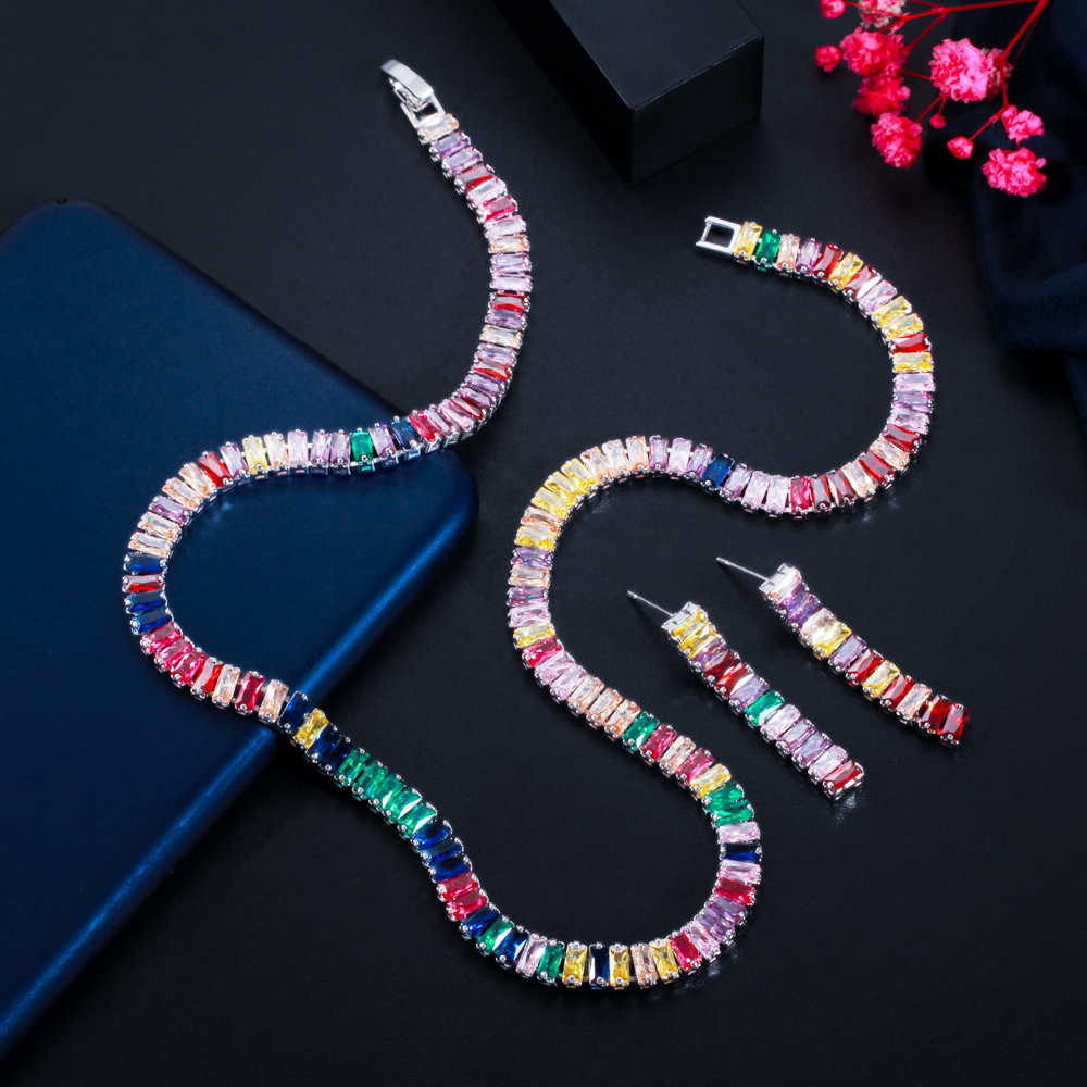 European and American full-cut diamond simple rainbow-colored zircon necklace fashionable evening party necklace earrings set