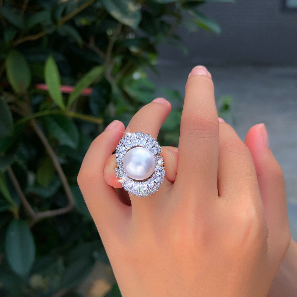 French-style romantic and fashionable pearl ring for women light luxury high-end elegant and versatile ring for the index finger featuring zirconium stones