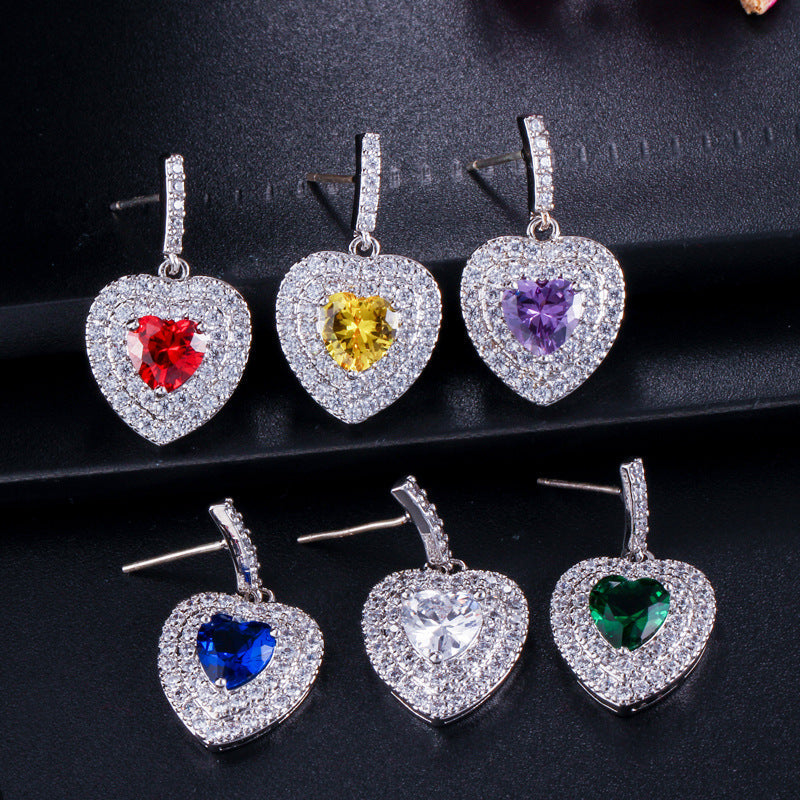 Korean-style heart-shaped silver stud earrings Korean-style 925 sterling silver high-end micro-set zirconia earrings