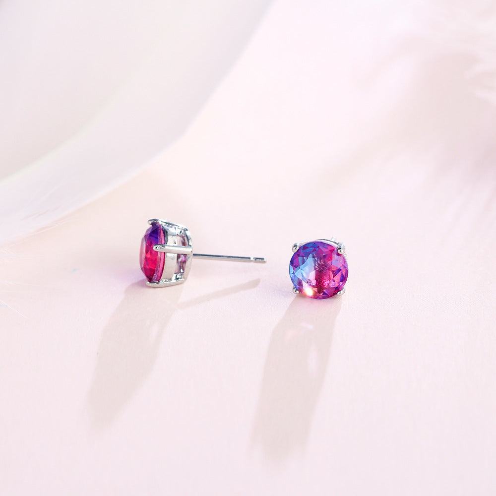 European and American cross-border luxury classic four-prong small stud earrings with round gradient tourmaline stone 8MM fashionable earrings