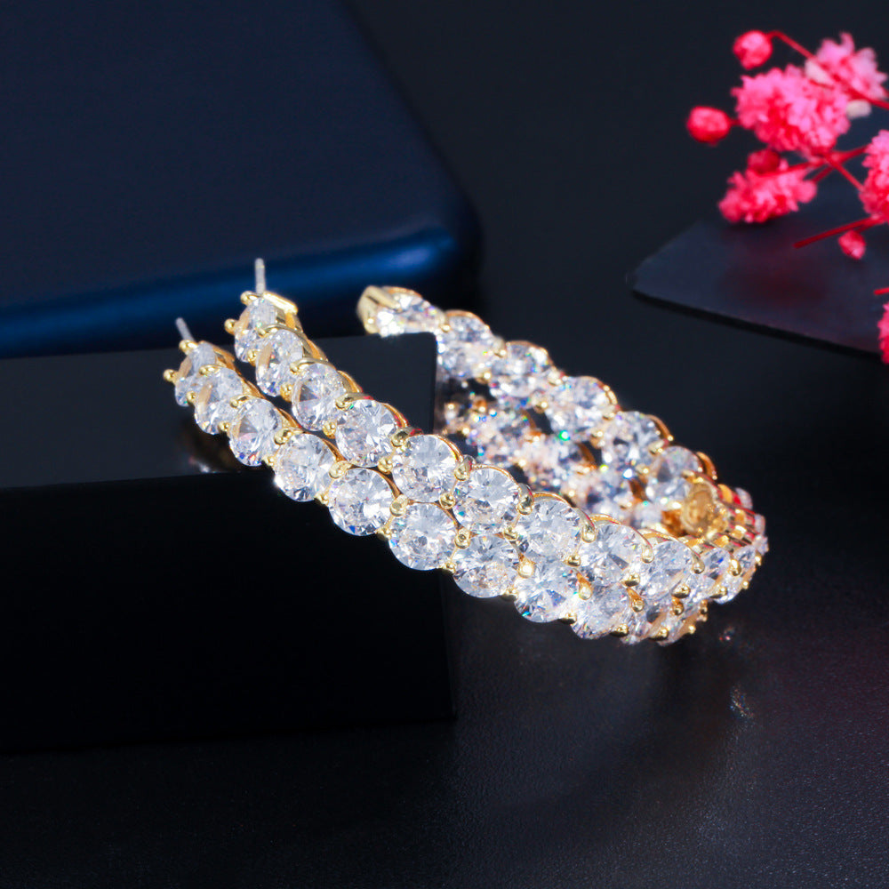 S925 pure silver needle fashion zirconia earrings with large round ear hooks cool style suitable for girls simple and elegant Korean-style earrings