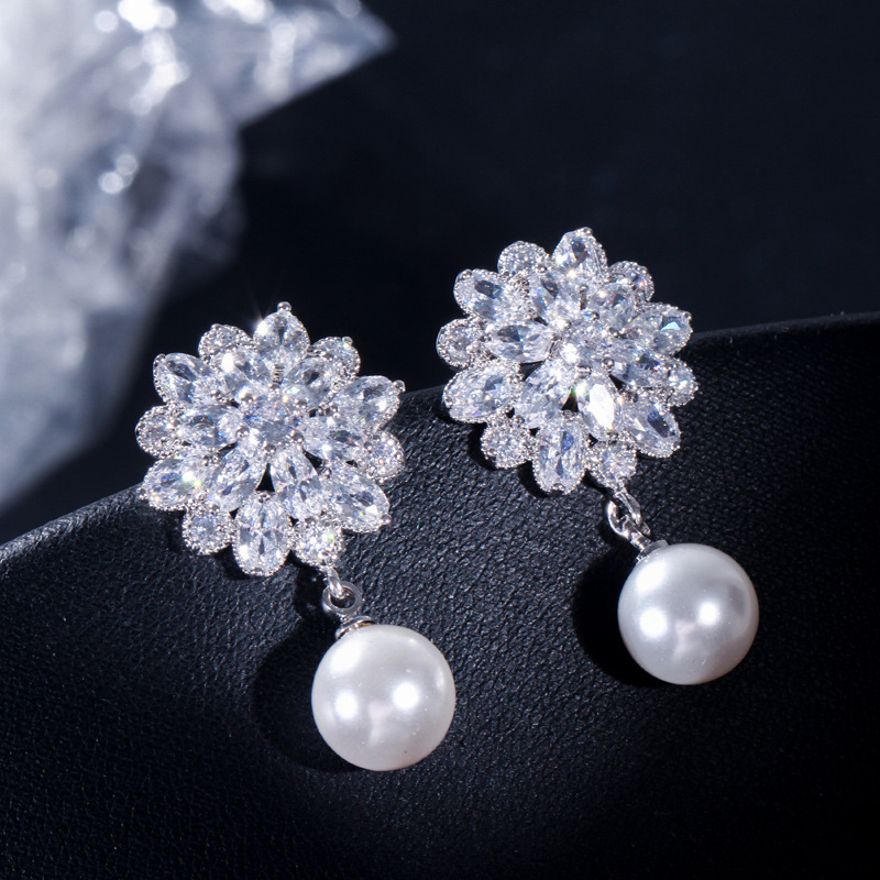 European-style bridal earrings - pearl with tiny inlaid zirconia combination earrings