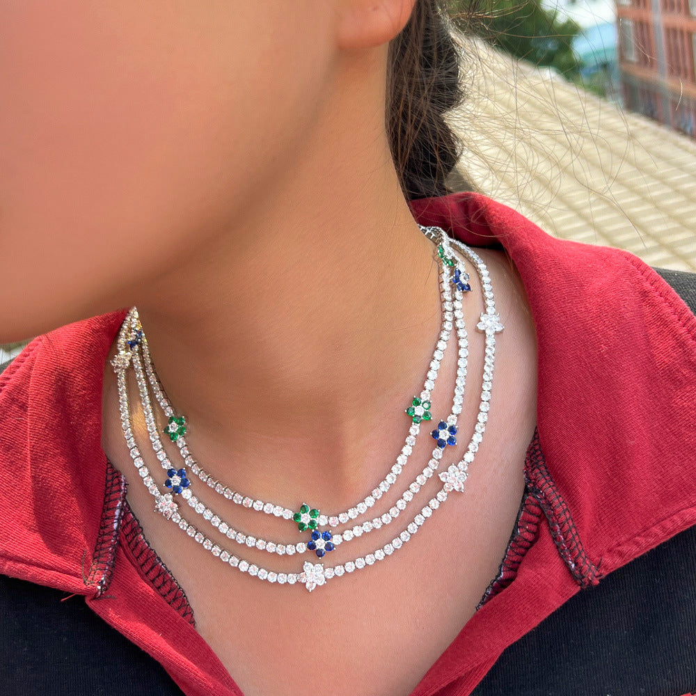 Ins-style niche and minimalist luxury jewelry featuring micro-set zirconia and full-diamond flowers A tennis bracelet necklace with small flowers