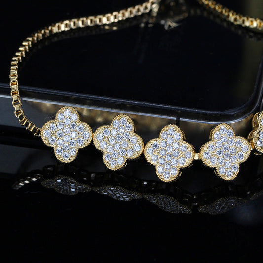 Korean-style fashionable lucky four-leaf clover zircon bracelet - eco-friendly electroplated full-diamond jewelry accessory