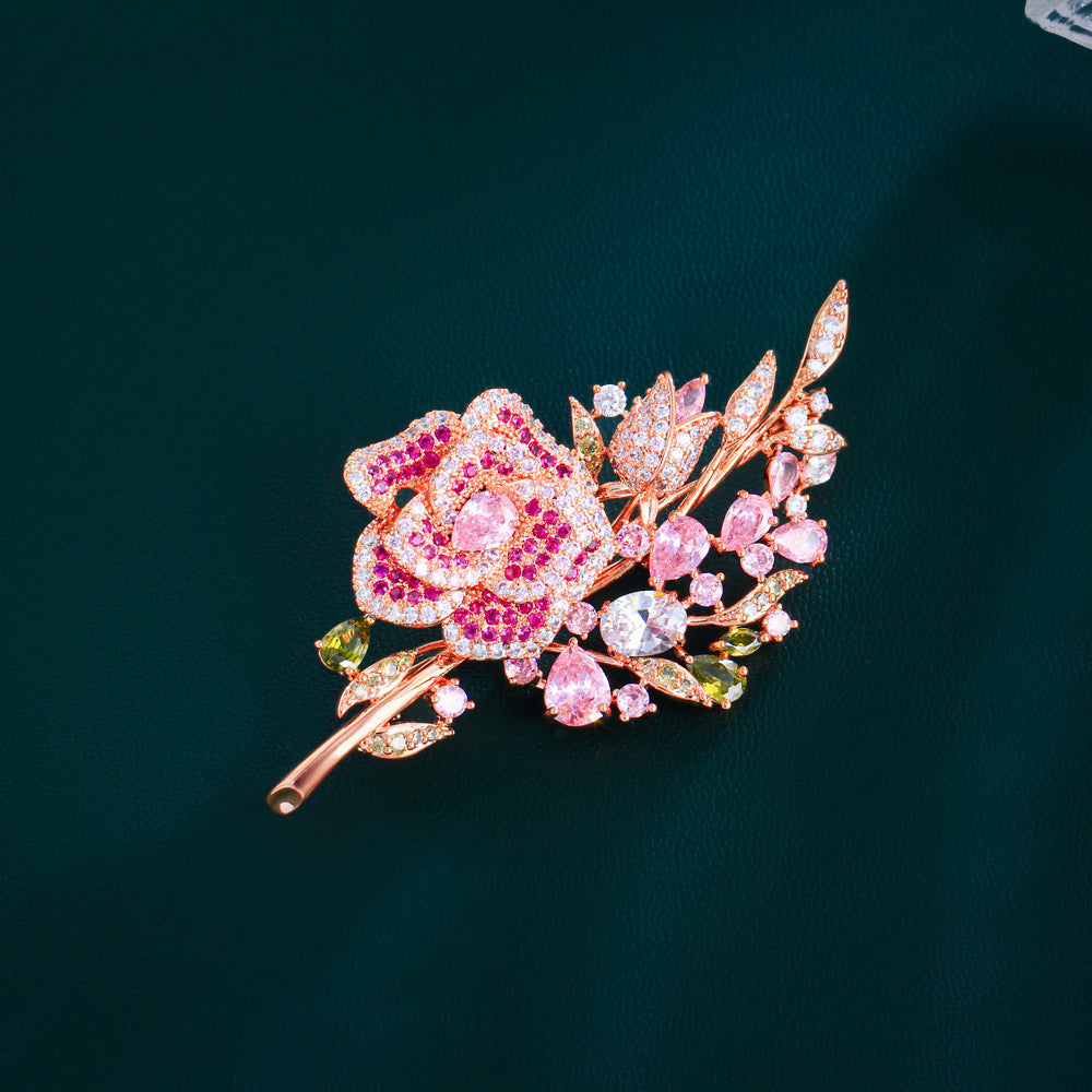 Korean luxury casual pink zirconium rose bouquet brooch brooch with tiny zirconium gemstones zirconium flower pin for evening dress accessories