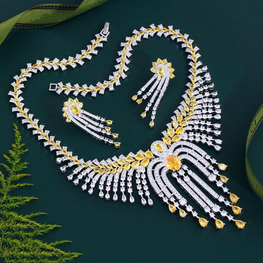 Heavy Industry Ultra-Shine High-End Luxurious Fringe Zircon Necklace Set for Evening Gown Bridal Accessories Bracelet Earrings