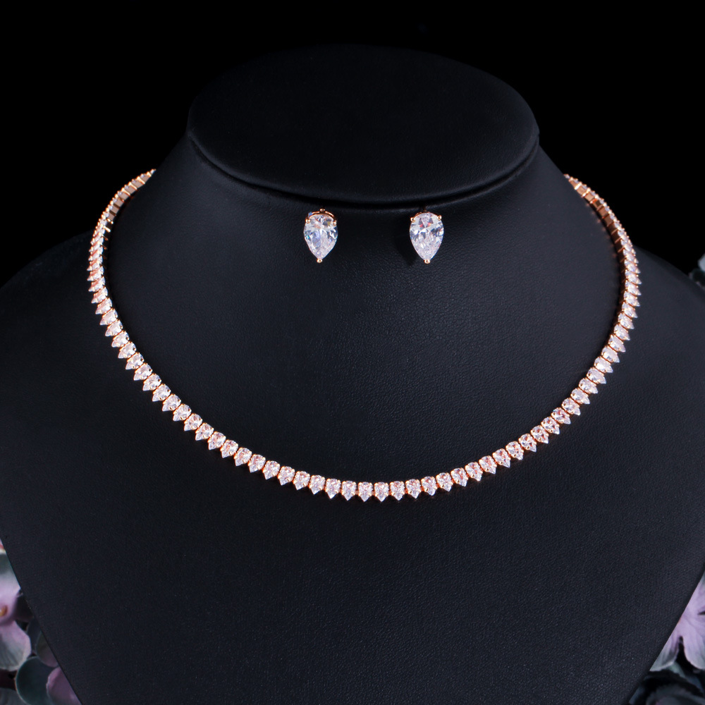 European and American brides' jewelry - zircon lock chain set for two pieces - women's wedding dress formal dress personalized necklace earrings jewelry set chain