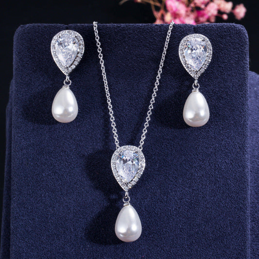 Japanese and Korean light and elegant artistic jewelry set Two-piece set of zircon water-drop pearl pendant earrings
