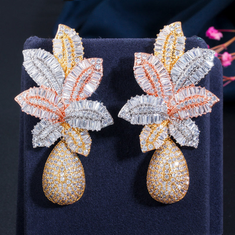 S925 silver needle European-style atmospheric trapezoid zirconium tri-color electroplated earrings tropical pineapple large earrings