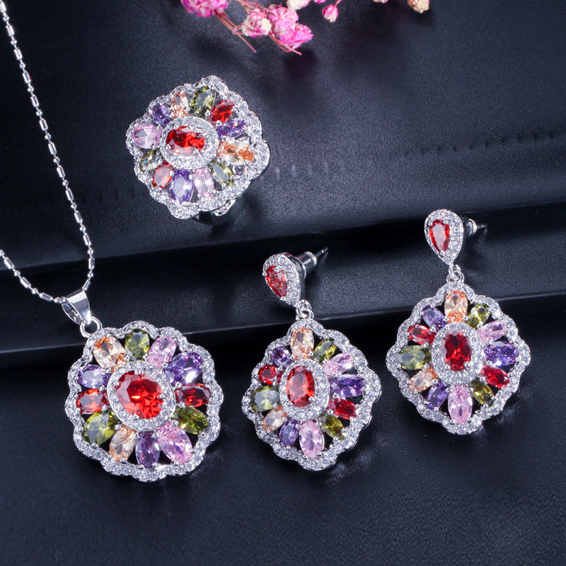 Best-selling high-end three-piece jewelry set - European-style necklace ring and earrings accessory set