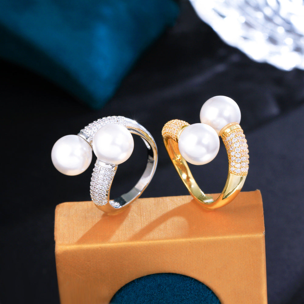 Korean version of minimalist and niche-style simple double-pearl open ring with micro-set zirconia popular on live-streaming versatile accessory for all occasions