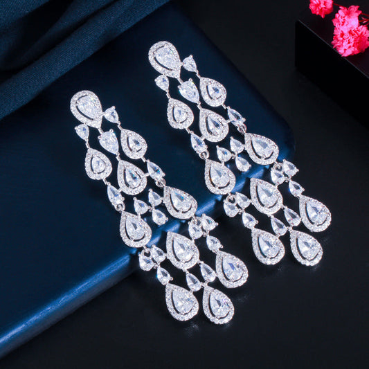 European and American fashion-style fringed earrings banquet-length elegant copper micro-set zirconia earrings accessory for clothing and decoration