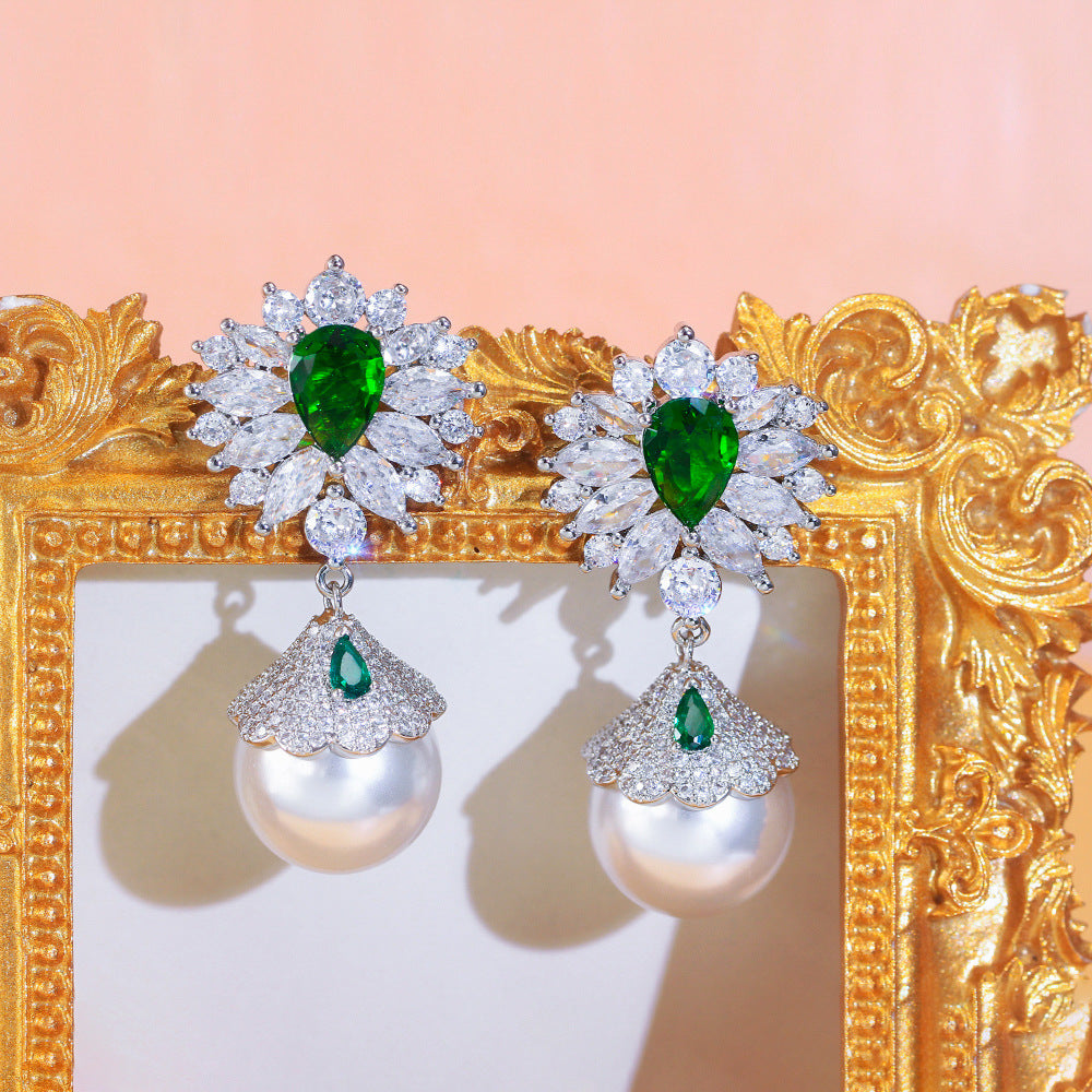 S925 silver filigree light luxury style vintage full-diamond flower pearl earrings dazzling emerald zircon ear accessories