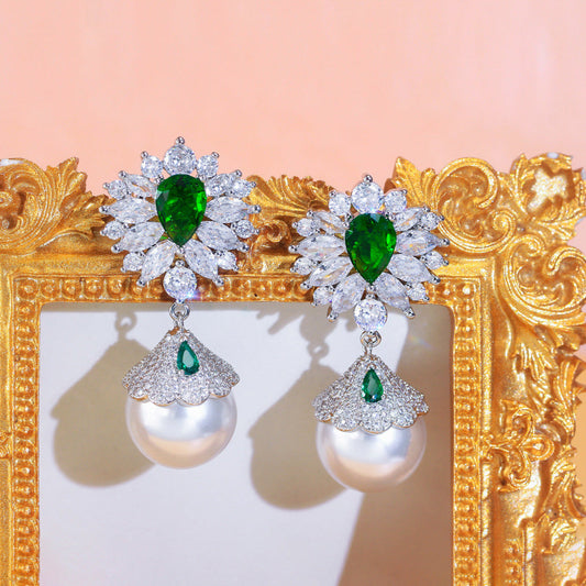 S925 silver filigree light luxury style vintage full-diamond flower pearl earrings dazzling emerald zircon ear accessories