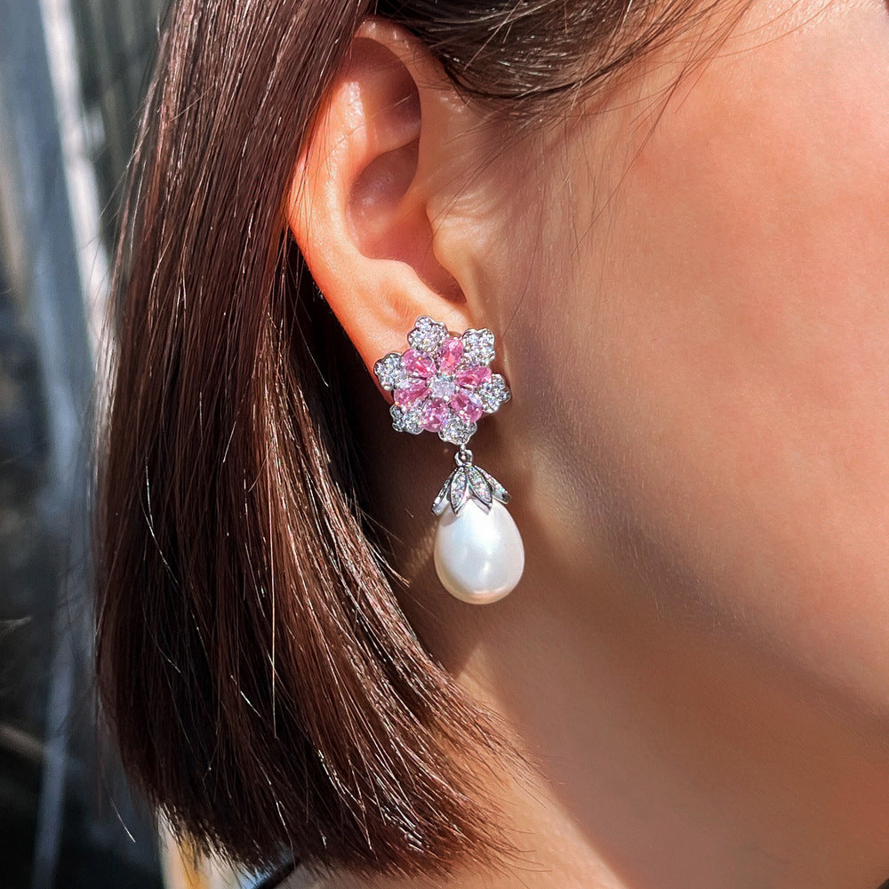Japanese and Korean light luxury micro-set floral cherry blossom pearl earrings princess pink diamond teardrop-shaped pearl drop earrings ear accessories set