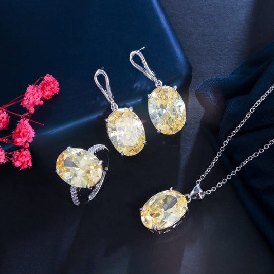 Ins Cool Style Necklace Earrings - Elegant Luxurious, Small-Scale Minimalist Zirconia Drop Earrings Ring Set Three-Part Chain