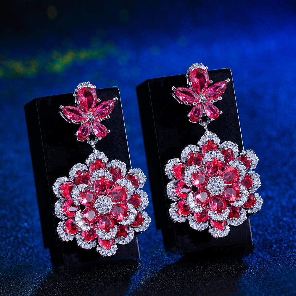S925 silver needle luxury niche design double-layer flower-shaped synthetic red corundum earrings stylish and elegant zircon earrings