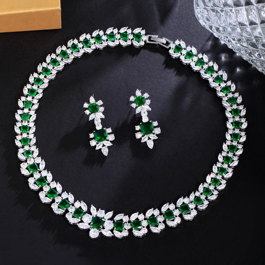 European and American haute couture style luxurious emerald and zircon bracelet for formal event dress accessories fully set with diamonds necklace and earrings set