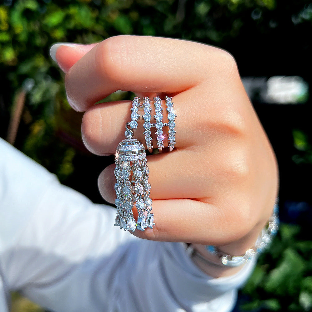 European-style retro micro-set zirconia fringed ring with a wide opening for the index finger simple and unique finger ring