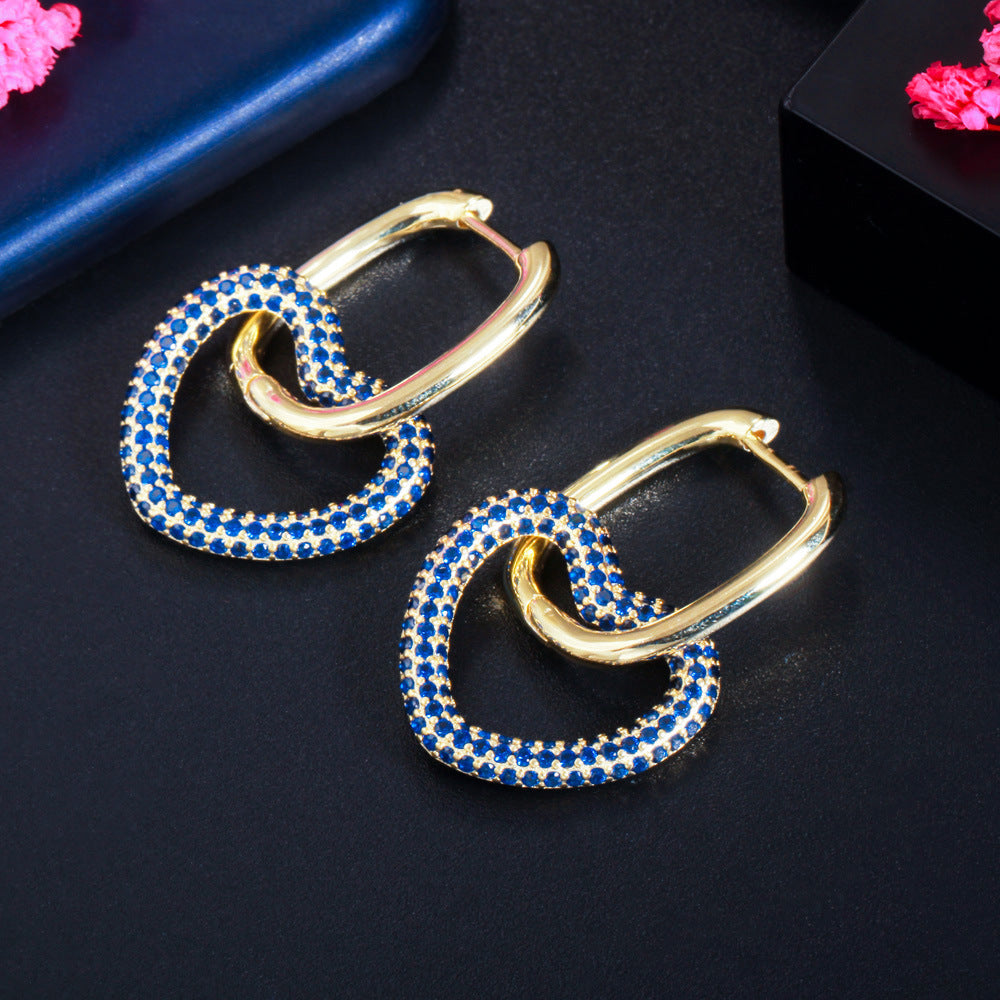 New style personalized double-ring heart-shaped earrings with embedded colorful zircons, trendy hip-hop style earrings