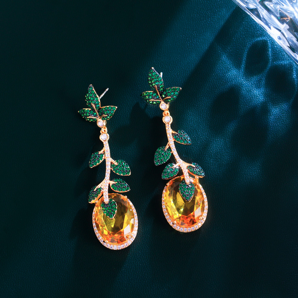European vintage heavy-duty yellow gemstone green leaf exaggerated long-style earrings unique royal-style earrings