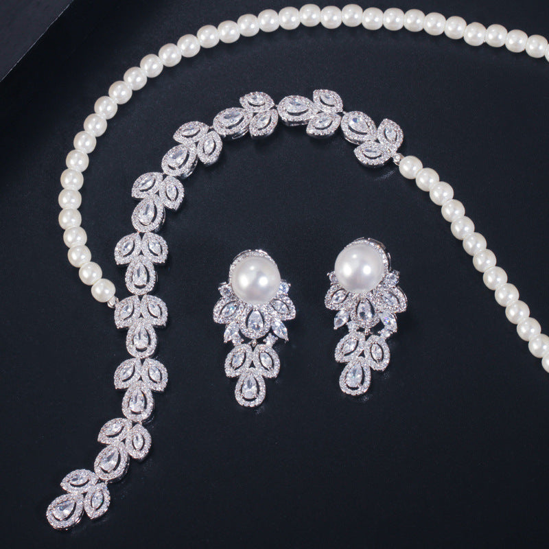 Cross-border best-selling Japanese and Korean-style artificial pearl and zirconia necklace and earring set - bridal set accessories