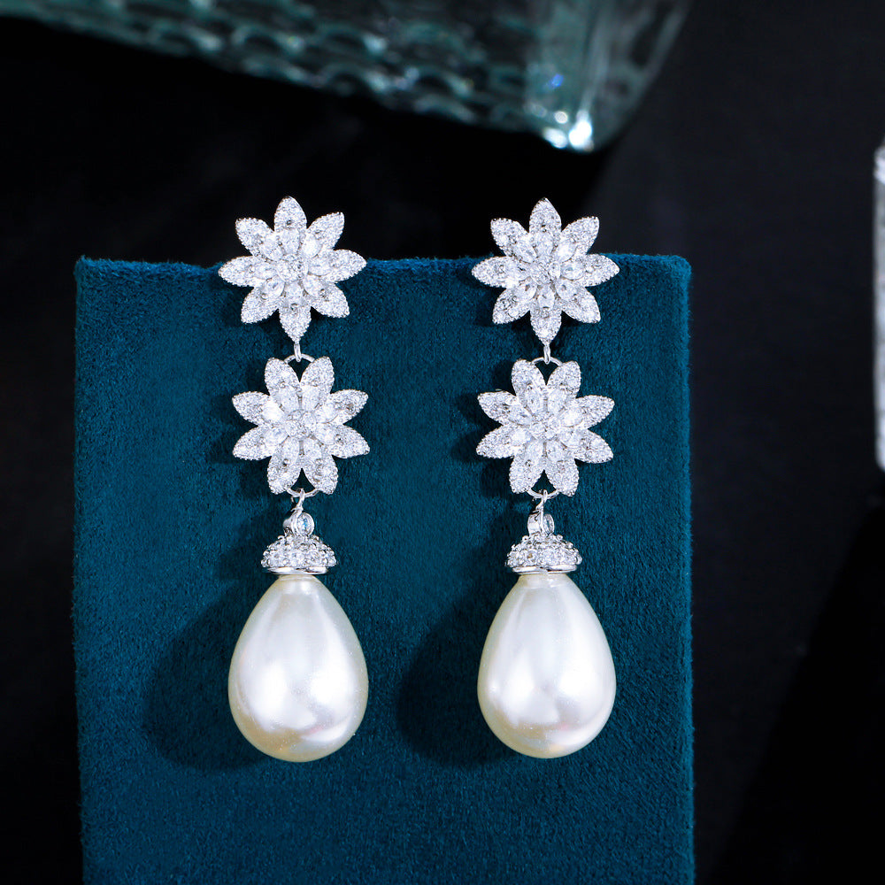 S925 silver filigree earrings with European style, luxurious and elegant, featuring delicate flower and pearl designs with tiny inlaid zirconia stones Suitable for high-class ladies Ear jewelry