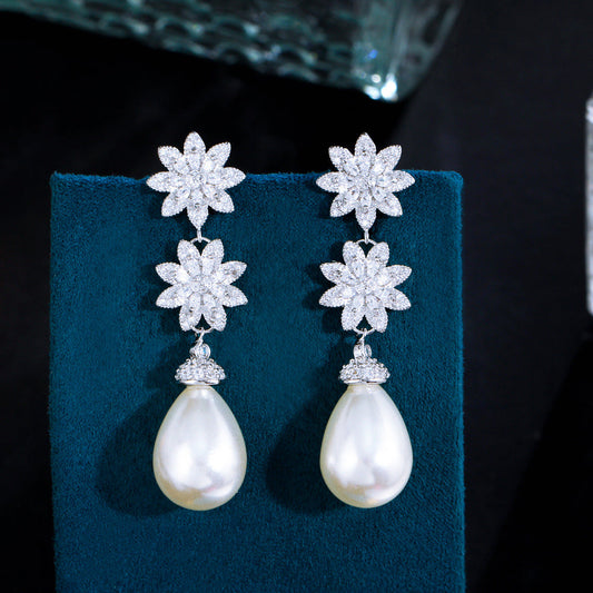 S925 silver filigree earrings with European style, luxurious and elegant, featuring delicate flower and pearl designs with tiny inlaid zirconia stones Suitable for high-class ladies Ear jewelry