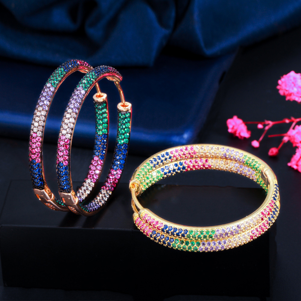 European and American popular jewelry - large earrings with micro-set colored zirconia gold and black gold electroplated ear stems elegant earrings