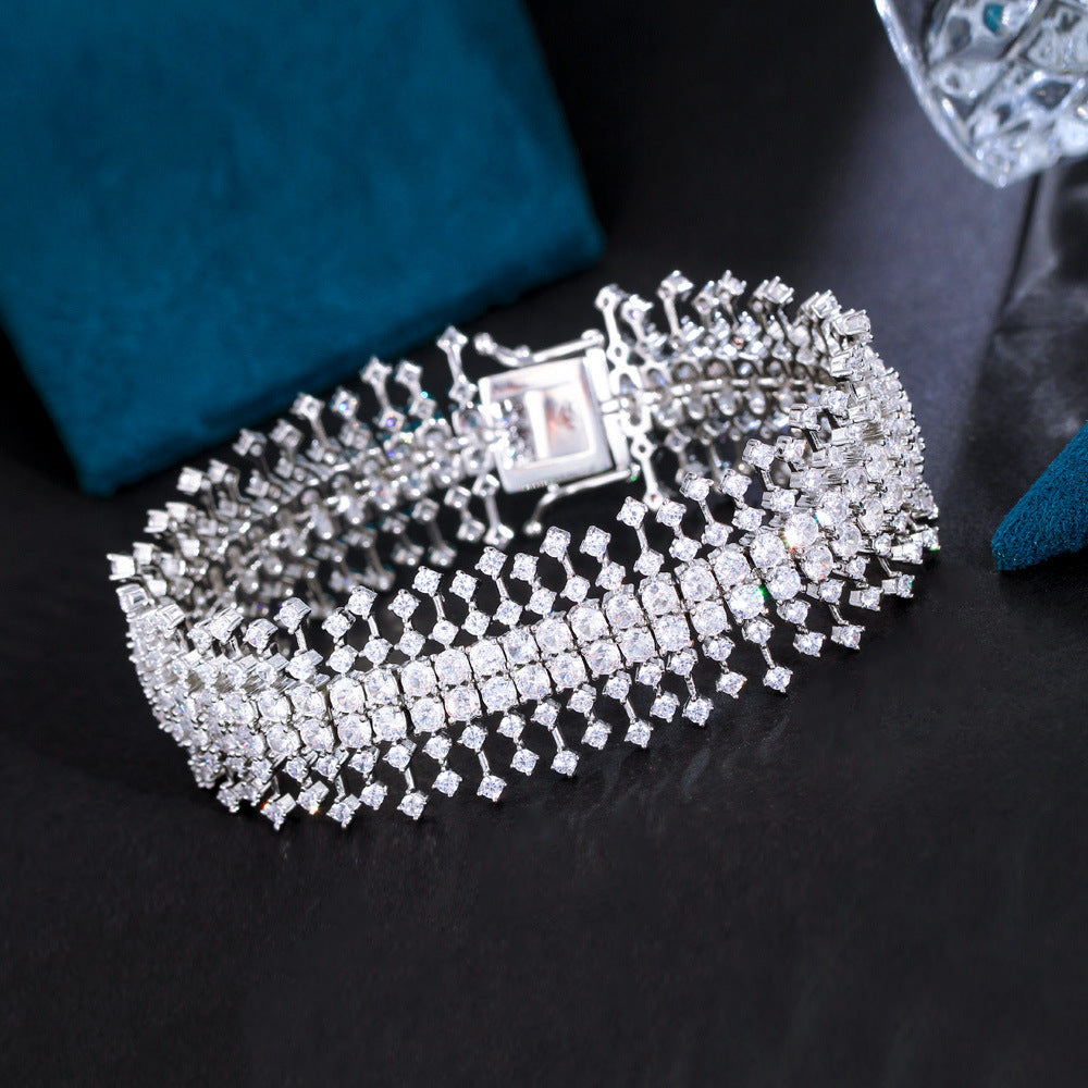 Luxury-Style Heavy-duty Brass Zirconium Stone Bracelet with Glittering Multi-Layered Full-Diamonds for Ladies Elegant Banquet Dress Accessories Handwear Items