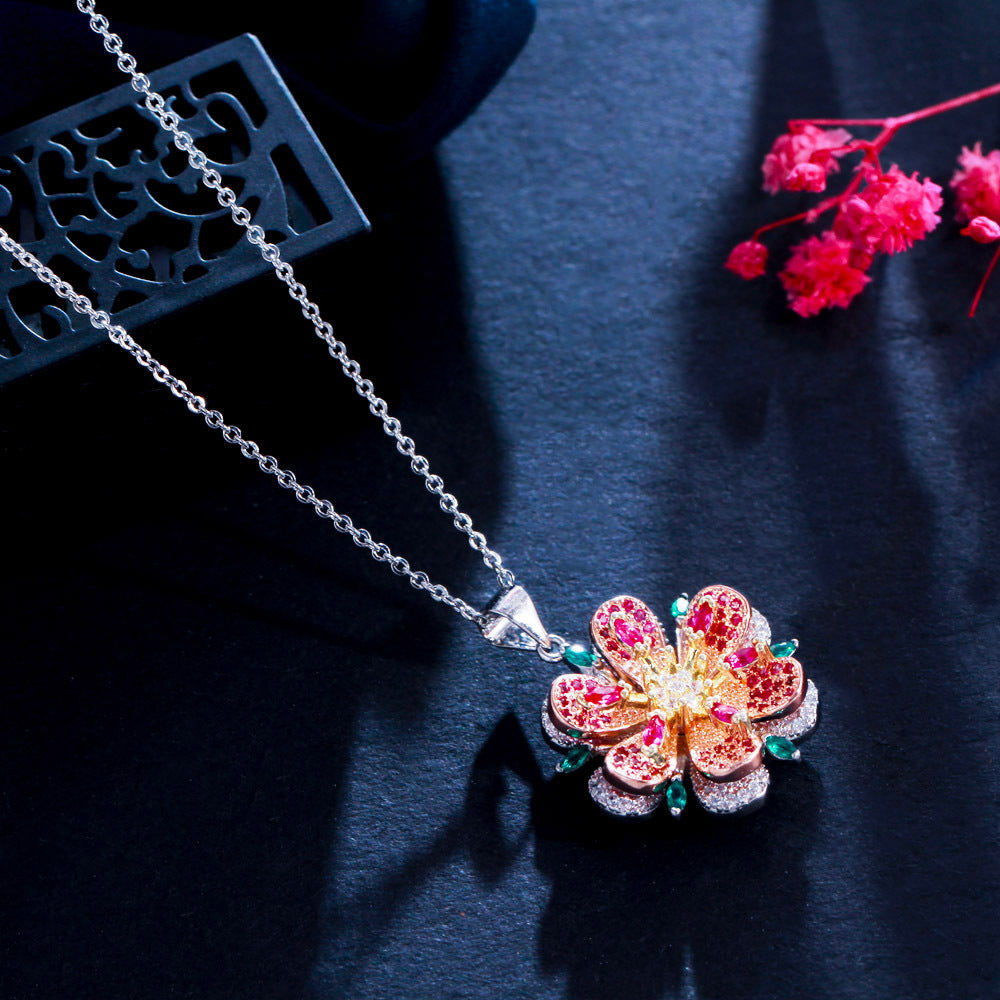 European and American rose-shaped earrings and necklace set - three-dimensional camellia flower colored zirconium stone chain - fashionable and versatile ear accessories and necklaces