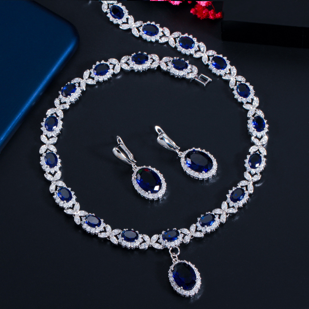European and American fashionable bridal sapphire earrings and necklace set chain AAA zircon jewelry evening wedding dress accessories