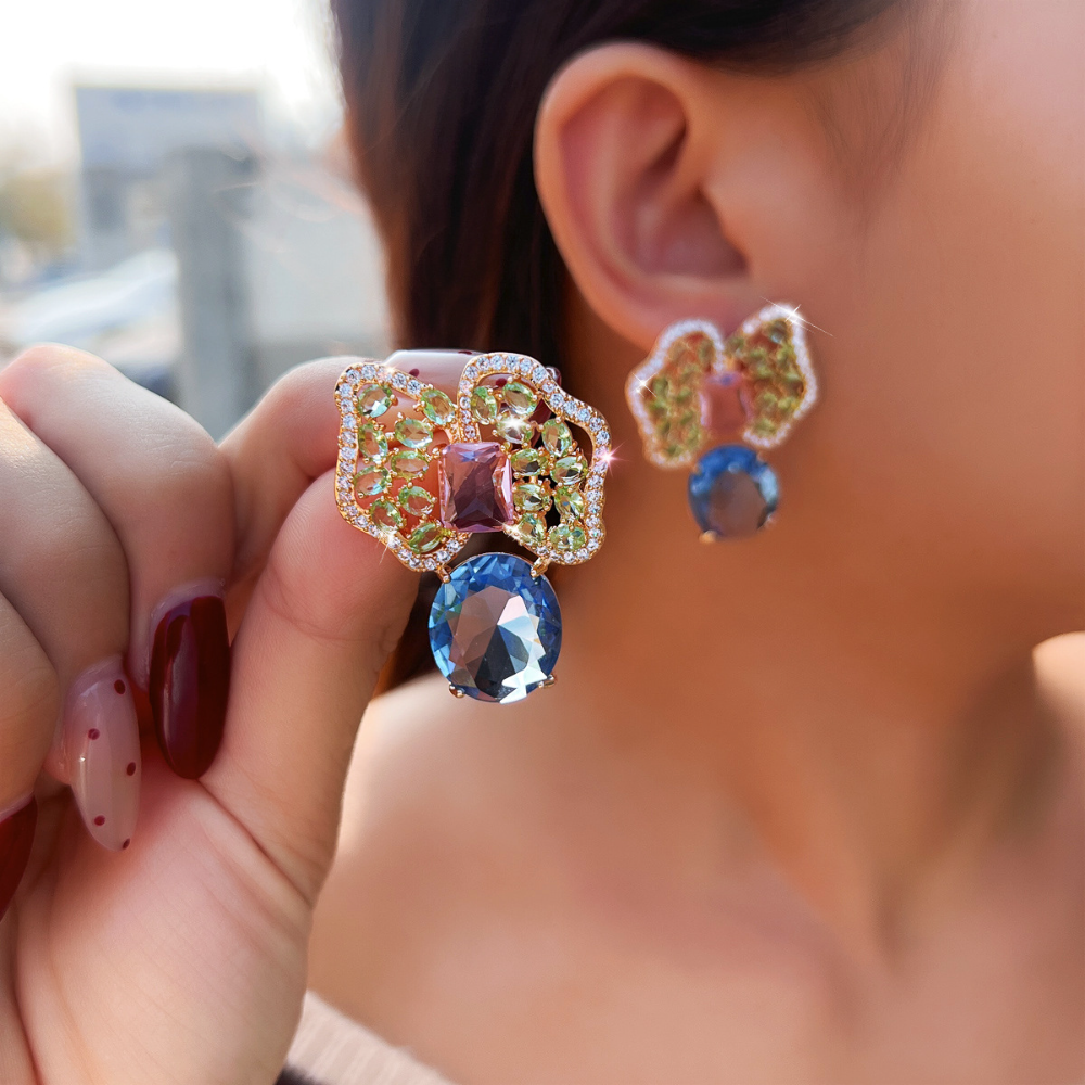 925 silver fine luxury butterfly knot zirconia stud earrings fashionable geometric irregular colored zirconia petal luxury style earrings