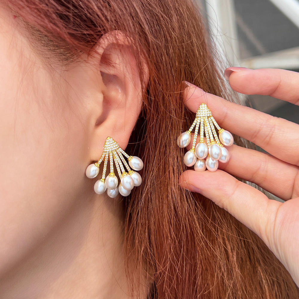 Korean Dongamantown Baroque Pearl Earrings - Trendy Ins Style French Retro Charm with Precious Set Zirconia and Pearl Earrings