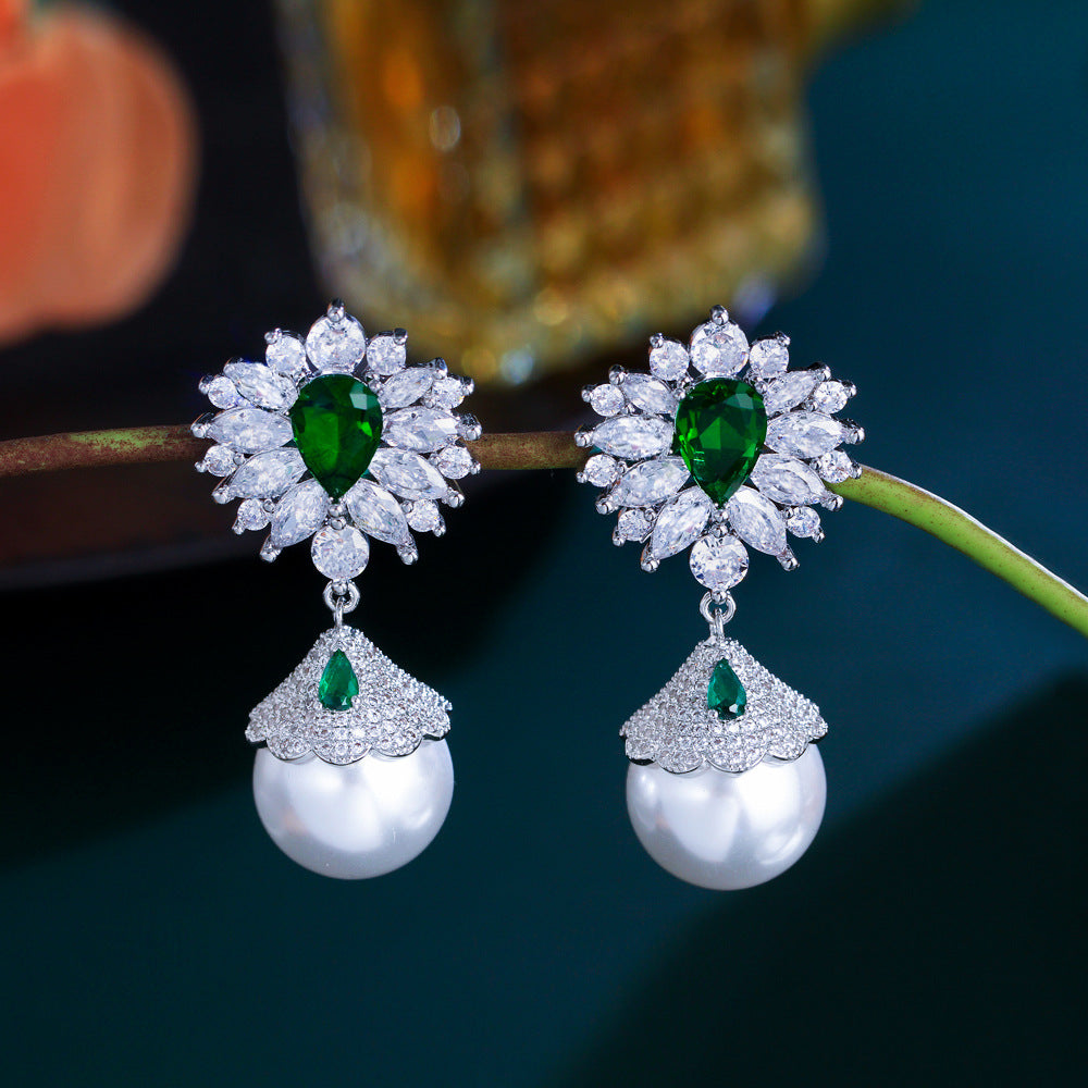S925 silver filigree light luxury style vintage full-diamond flower pearl earrings dazzling emerald zircon ear accessories