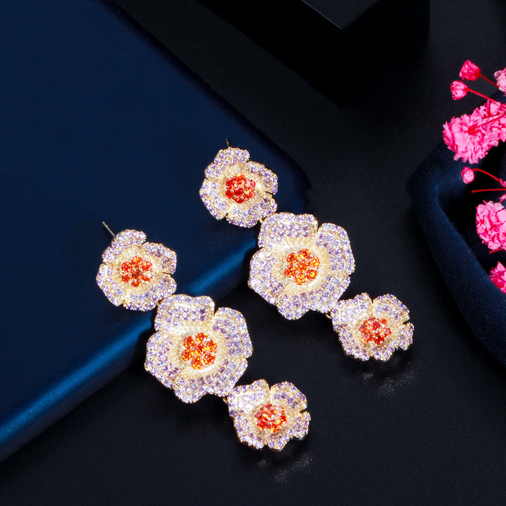 Korean style fashionable zircon long-stemmed three-dimensional flower S925 silver stud earrings in three colors - rose flower earrings accessory