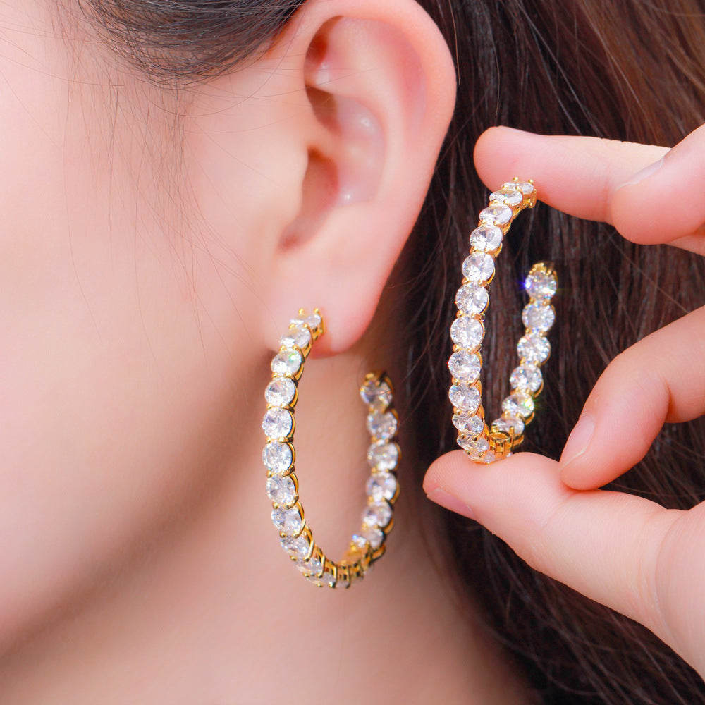 S925 pure silver needle fashion zirconia earrings with large round ear hooks cool style suitable for girls simple and elegant Korean-style earrings
