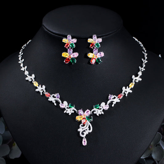 Korean version classic Instagram-style colorful zircon necklace and earring set - fashionable and versatile suitable for both formal and casual occasions including wedding gowns