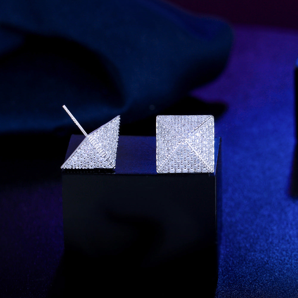 S925 silver needle small-scale design micro-set full-diamond pyramid earrings star-shaped square zirconia ear accessories
