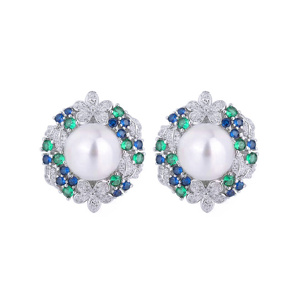 S925 silver filigree light luxury emerald sunflower pearl earrings - a unique piece featuring zirconium stone inlaid flower-shaped earrings