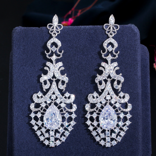 Hot-selling exaggerated earrings S925 fashionable zircon waterdrop long-style hollow earrings for brides