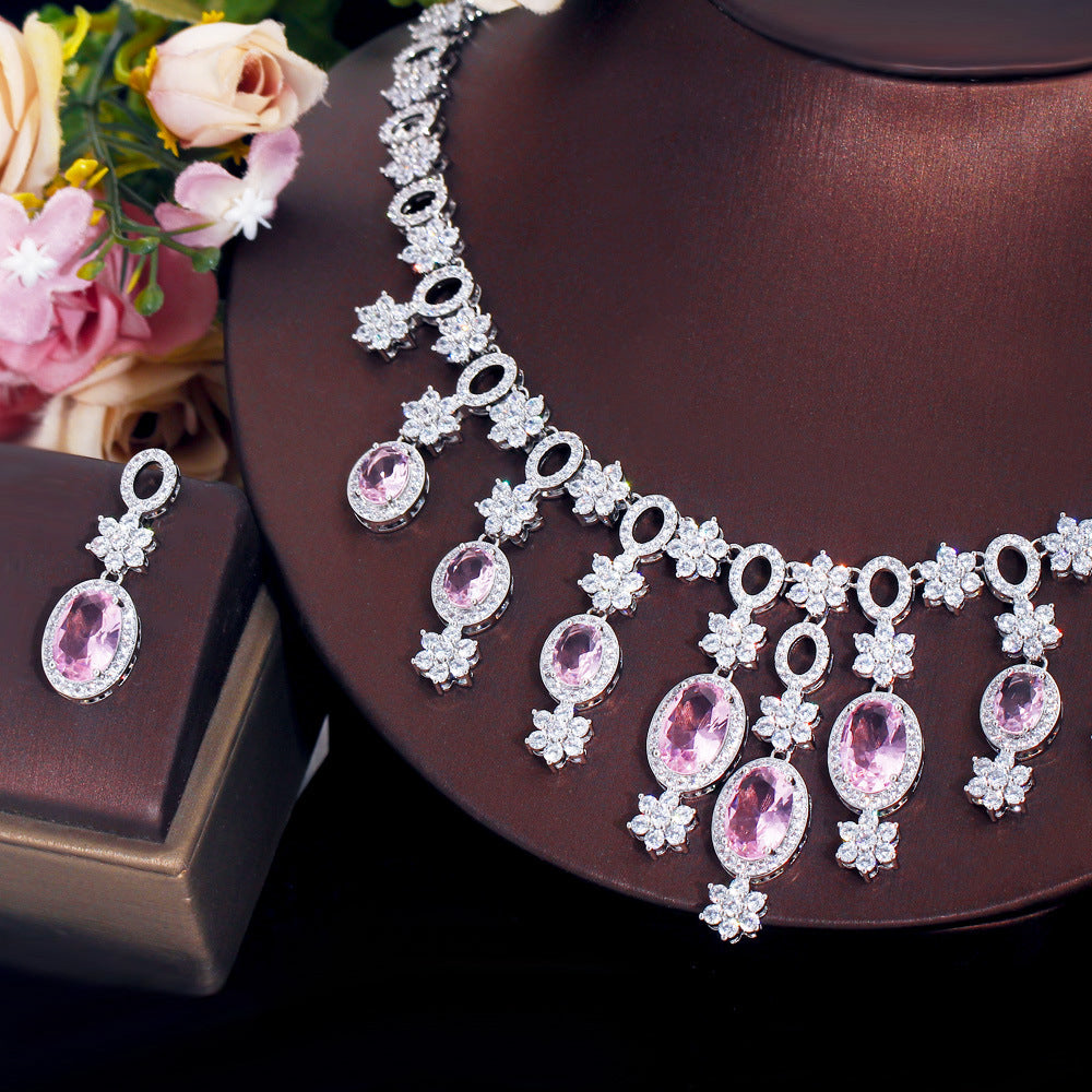 French-style wedding banquet diamond tassel earrings and necklace set - complete zirconia bridal wedding dress jewelry chain set