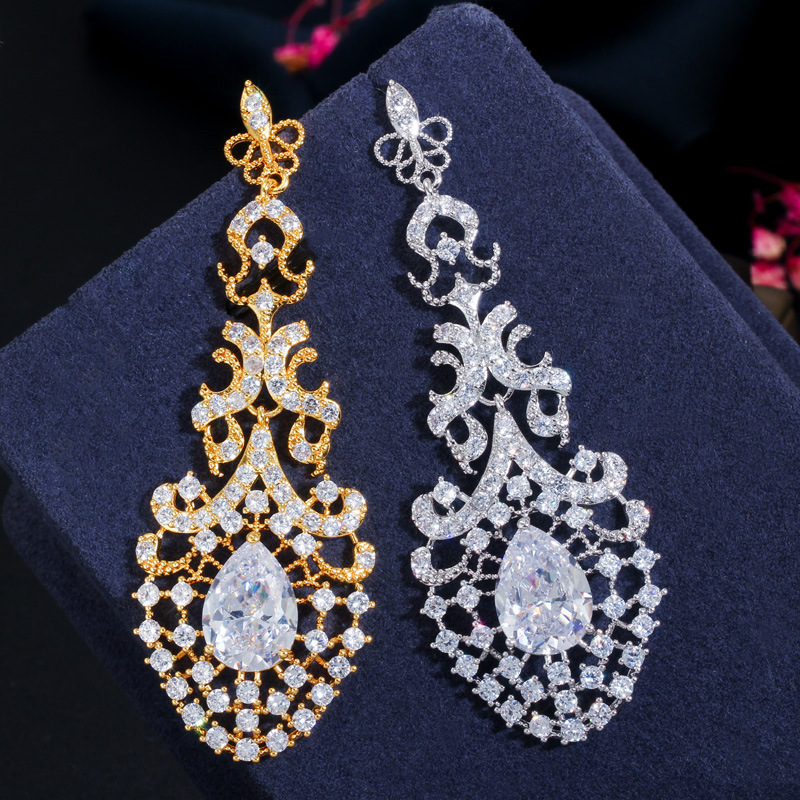 Hot-selling exaggerated earrings S925 fashionable zircon waterdrop long-style hollow earrings for brides
