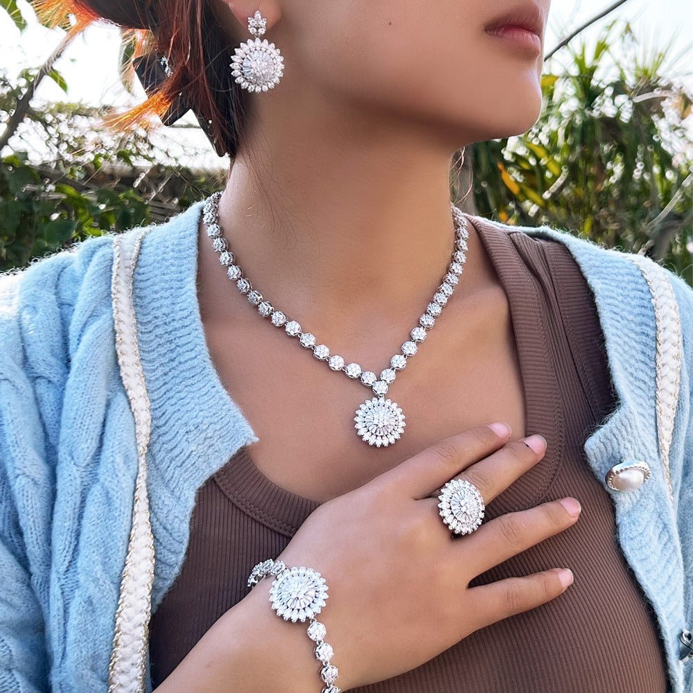 European and American cross-border flower zircon necklace earrings bracelet ring set for bridesmaid outfits wedding dresses accessory chains